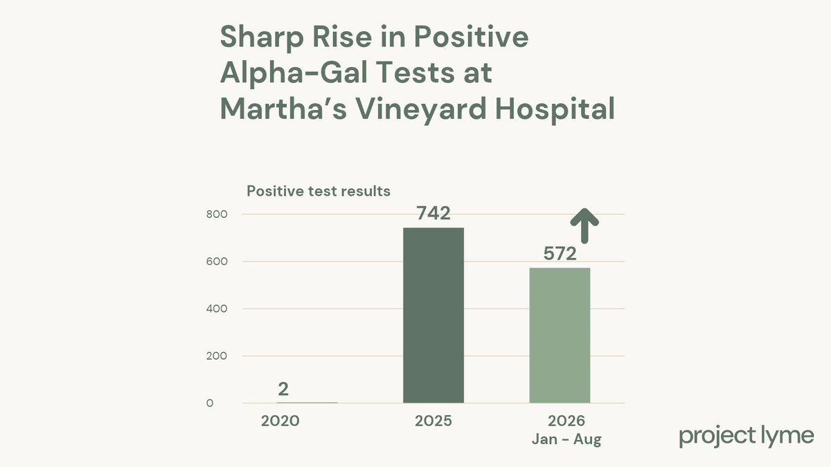 ProjectLyme's tweet photo. Martha’s Vineyard Hospital logged 572 positive alpha-gal tests in 2026 through the month of August, up from 2 in 2020. More testing explains some of the rise, but the increase is still notable. Learn more via @NatureWorldNews https://t.co/PhaiKkCJQ6 https://t.co/ZbB2jIelqI