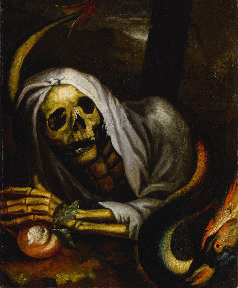 ArchetypeVision's tweet photo. A memento mori with a skeleton, a snake, and an apple, German School, 18th c. https://t.co/JRjgR3uAdz