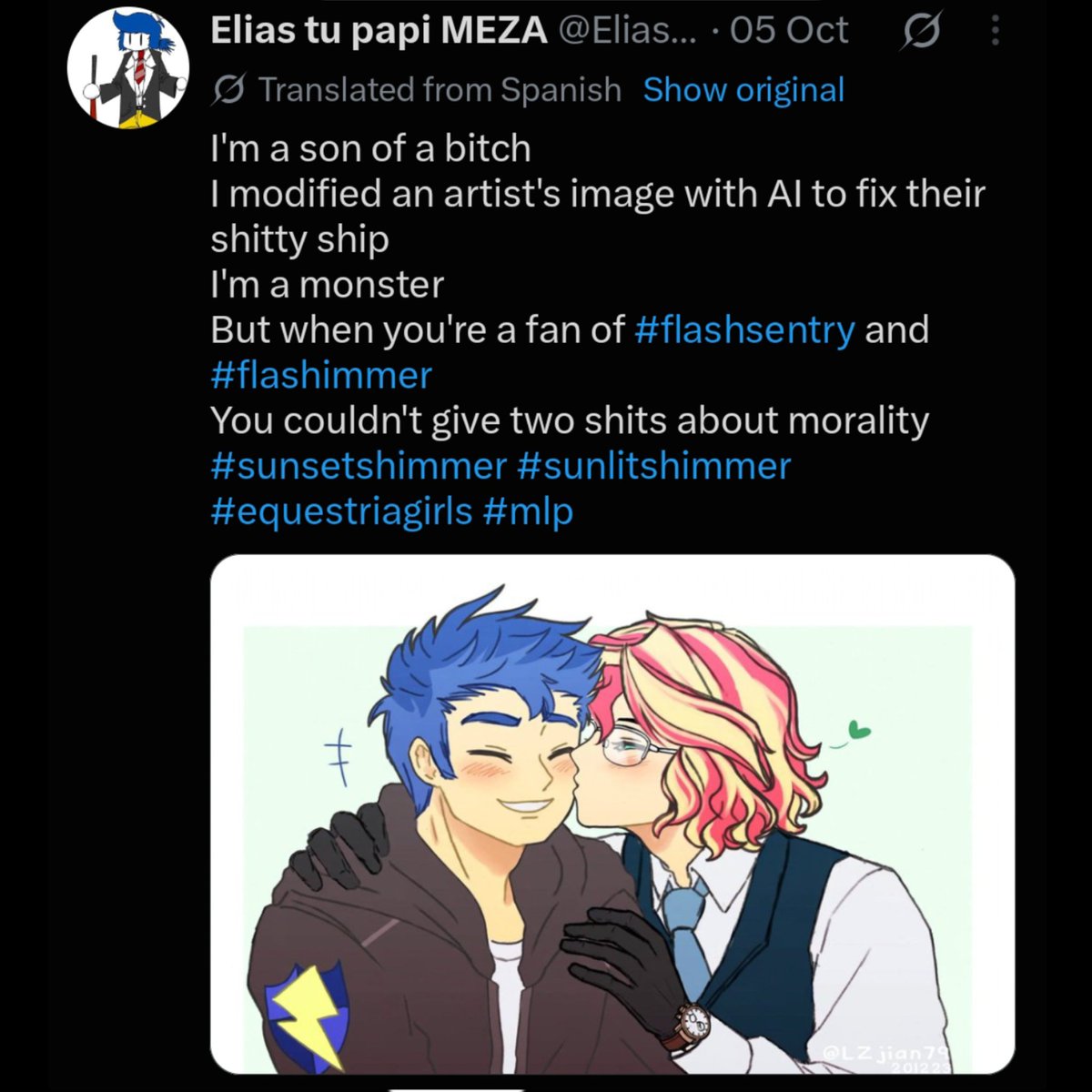 LZjian79's tweet photo. Hello everyone... Someone used my artworks here on Twitter to use for AI. I don't know what he will gain from this or whatever but please. Help me mass report his account. Block and Report. Mass report him until his account dies. His name is @EliasEzequielM6.

Retweet this post https://t.co/9tB6EJFBLZ