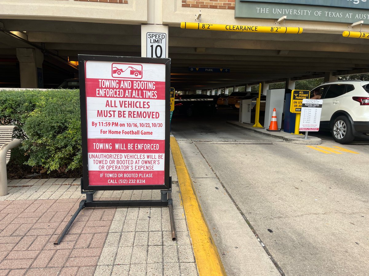 utaustinparking's tweet photo. 🚨⚠️🚗 REMINDER: Don’t get towed!

Parking restrictions for Saturday’s game begin TOMORROW NIGHT.

Vehicles must vacate affected lots, streets, and garages by Friday, October 16 at 7:59 p.m. or 11:59 p.m., depending on the area.

📍 See what’s affected: https://t.co/Rno8yvZwGA https://t.co/vJ9sfiId55