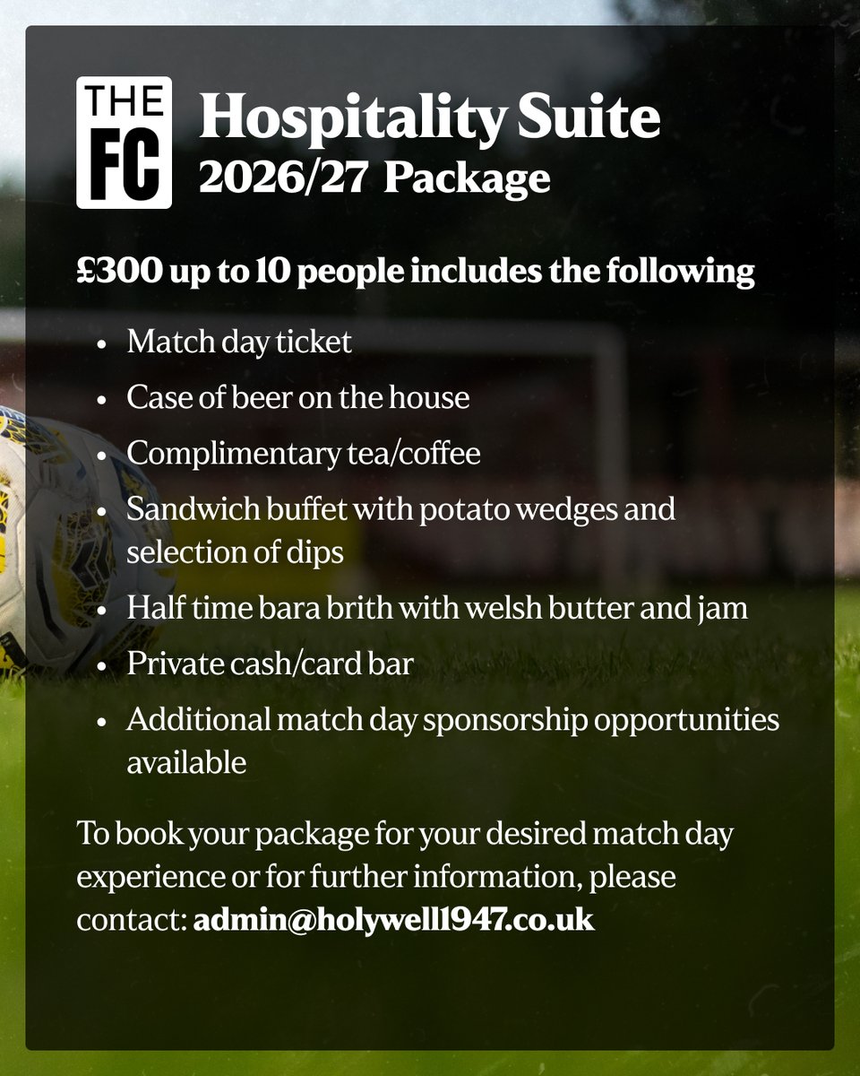 HolywellTownFC's tweet photo. Enjoy your next matchday in our Hospitality Suite!

£300 for up to 10 people, including match tickets, a buffet, a case of beer, tea and coffee, plus bara brith at half time.

Bring your friends, family or colleagues.

Book: admin@holywell1947.co.uk https://t.co/itIvpvhEPS