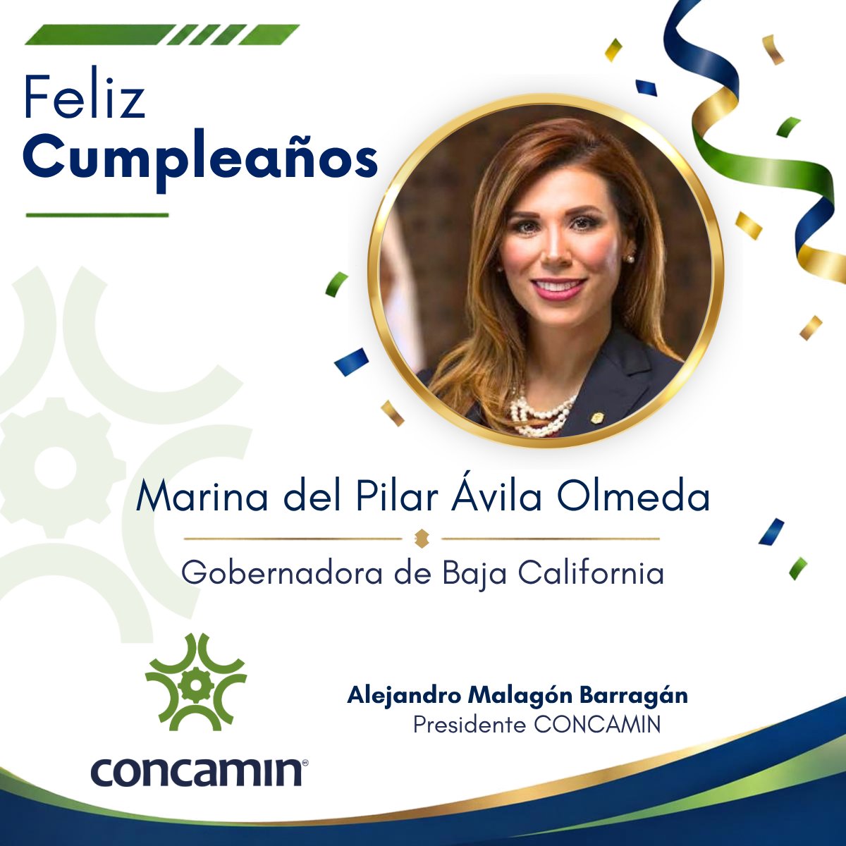 CONCAMIN's tweet photo. Feliz cumpleaños Marina del Pilar Ávila Olmeda, @MarinadelPilar, Gobernadora de Baja California.
¡Un fuerte abrazo de parte del presidente de la #CONCAMIN, Alejandro Malagón Barragán, @AMalagonB, y de todos los que conformamos la Confederación! https://t.co/yQFMnAaoWF