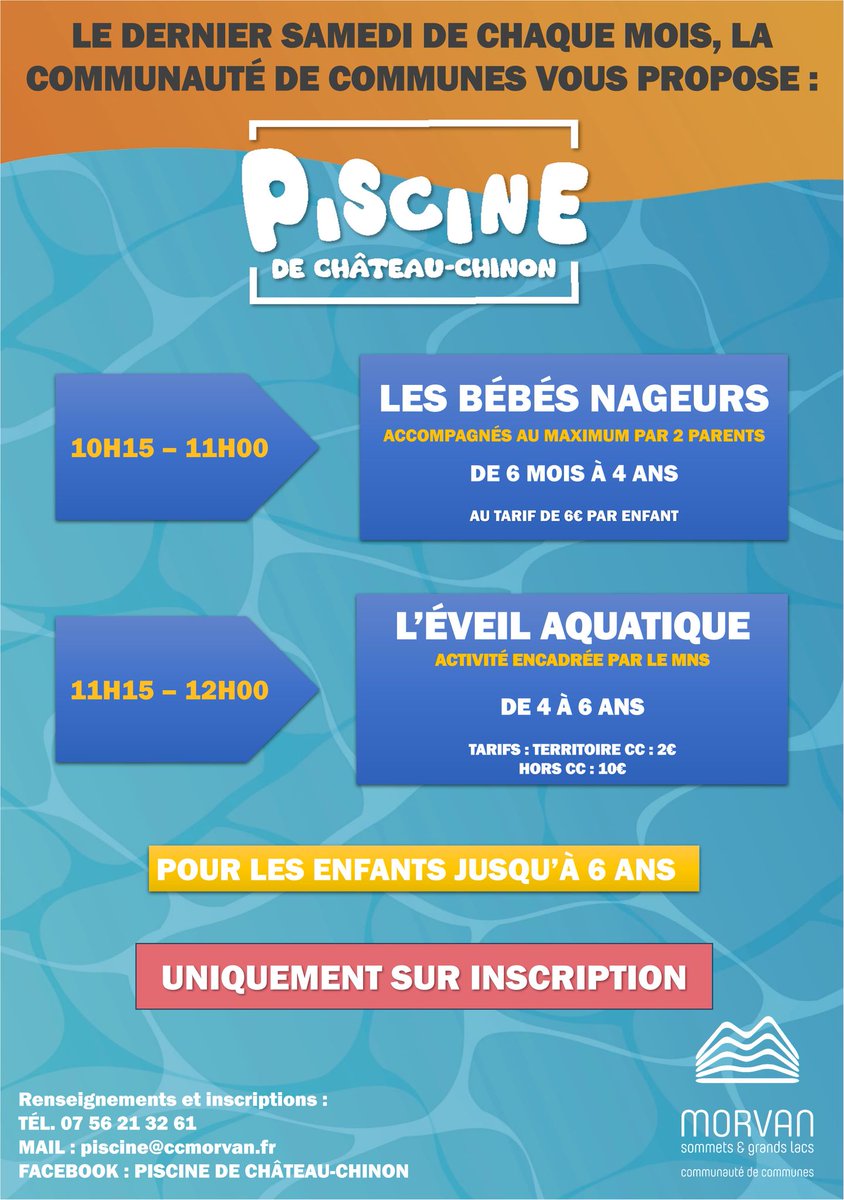 com_planchez's tweet photo. Piscine de Château-Chinon, le dernier samedi du mois : bébés nageurs (6 mois à 4 ans) de 10h15 à 11h, éveil aquatique (4 à 6 ans) de 11h15 à 12h. Sur inscription au 07 56 21 32 61. Prochaine séance le 31 octobre.
#Piscine #ChâteauChinon #Morvan #BébésNageurs #Enfants #Nièvre https://t.co/f4PcbLpKL2