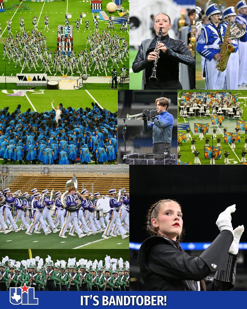 uiltexas's tweet photo. Bandtober is in full swing! 🎺🥁
This month, more than 1,000 UIL marching bands take the field to showcase months of hard work and dedication on their journey toward #UILState!
#ExcellenceEveryDay https://t.co/Rbo3yGgMPw
