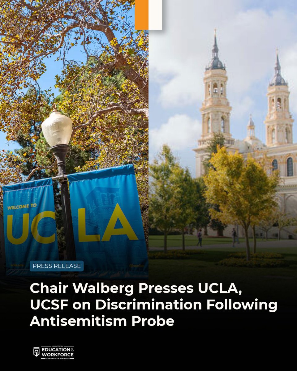 EdWorkforceCmte's tweet photo. Chairman @RepWalberg is demanding answers from the University of California, Los Angeles David Geffen School of Medicine (UCLA Med) and the University of California, San Francisco (UCSF) over concerns about race and sex-based discrimination in their admissions and hiring practices.

Read the full release below:
https://t.co/PHzkRVNa1z