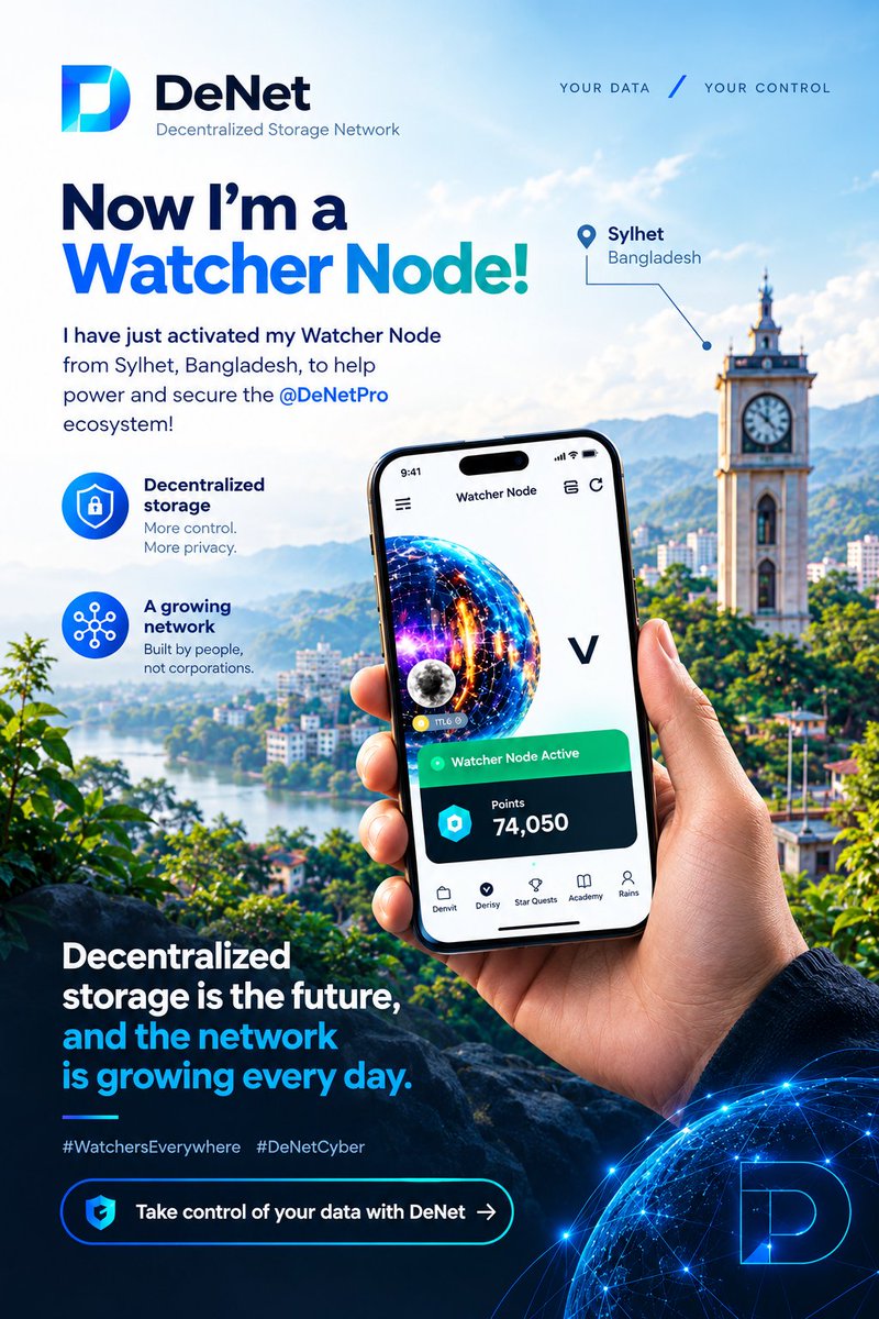 muktharworks's tweet photo. I just turned on my Watcher Node in Sylhet, Bangladesh, to support and protect the @DeNetPro ecosystem!

Decentralized storage is the way of the future, and the network expands each day. With DeNet, you can take charge of your data.

#WatchersEverywhere #DeNetCyberOctober https://t.co/tphUAgu6h2
