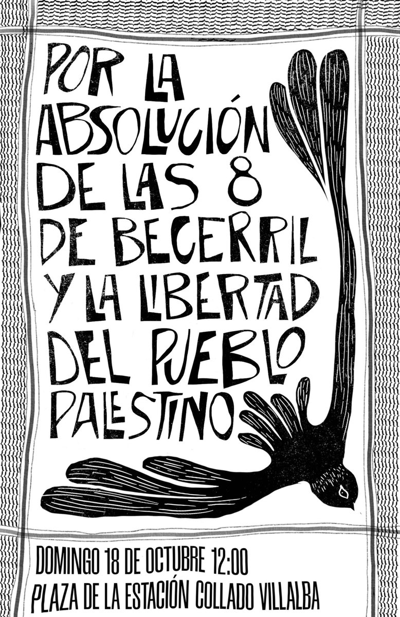 olgarodriguezfr's tweet photo. Las 8 de Becerril se enfrentan a petición de penas de prisión por protestar pacíficamente en La Vuelta en 2025 por el fin del genocidio en Palestina. 

El 21 de octubre declaran en los juzgados.

🗓️ Domingo 18 de octubre a las 12:00
📍 Plaza de la Estación de Collado Villalba https://t.co/Y4x3ejeLqZ