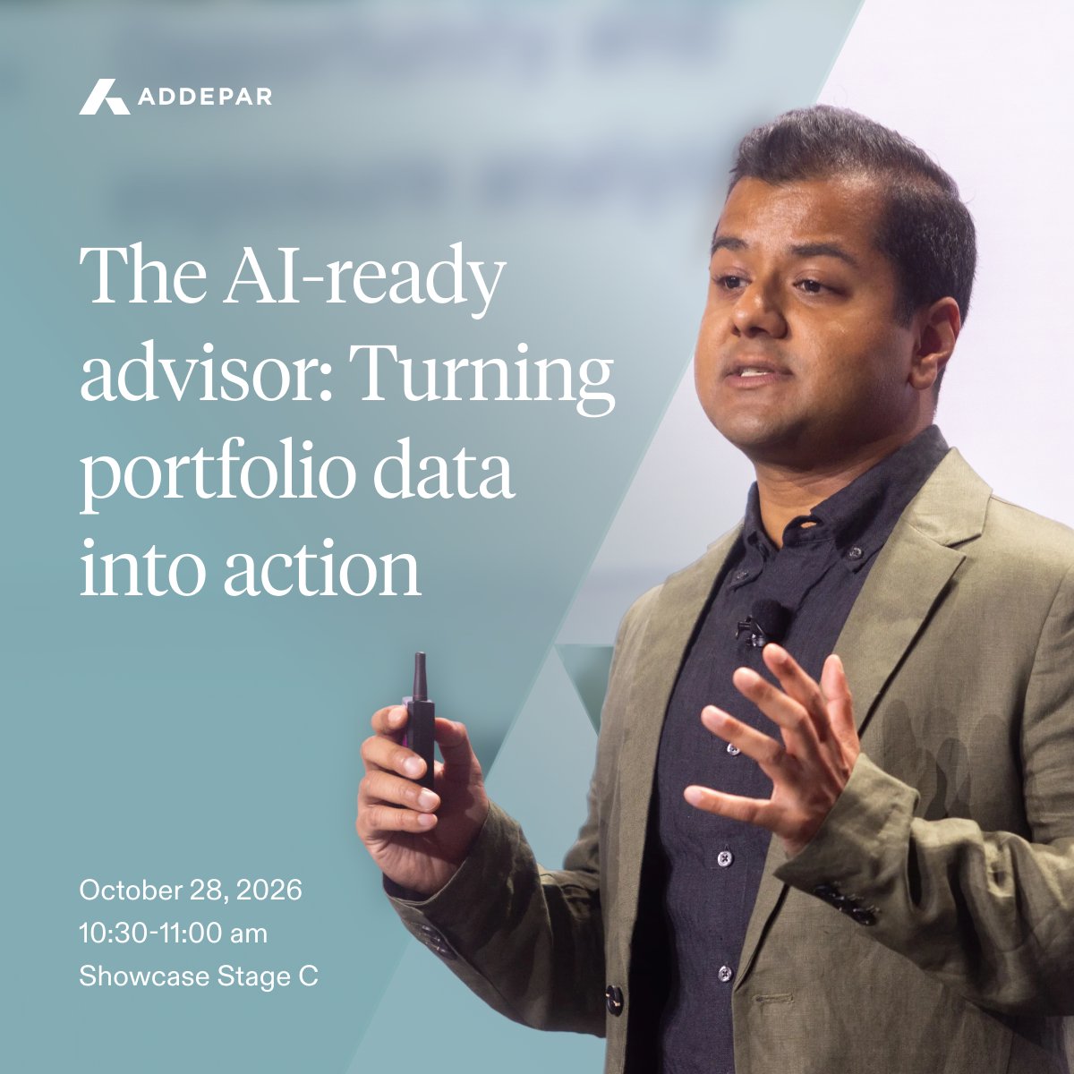 Addepar's tweet photo. What does it take to turn portfolio data into action with AI?

Join @kunal_gosar , Head of AI at Addepar, at Schwab IMPACT for: The AI-ready advisor: Turning portfolio data into action.

Kunal will explore how connected portfolio data, alternatives data and client-defined datasets can help advisors put AI to work across portfolio analysis, private markets, operations and client engagement.

📅 October 28 | 10:30–11:00
📍 Showcase Stage C in The Exchange

Heading to IMPACT? Join us to see what it takes to build an AI-ready advisory firm.