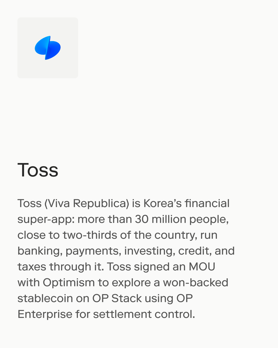 Optimism's tweet photo. Korea is building onchain, and they’re choosing Optimism.

@GIWA_by_Upbit, built by Korea’s largest exchange, has 100M testnet transactions and counting.

@toss__official, Korea’s super app used by 30M+, is exploring a won-backed stablecoin.

DB Securities, a securities and underwriting firm, is tokenizing smart-farming and livestock assets as RWAs.

KB Securities, one of Korea's leading securities firms, signed an MOU to bring tokenized funds to Korean institutional investors.

Exchange. Super app. Securities Firms. All on one stack.