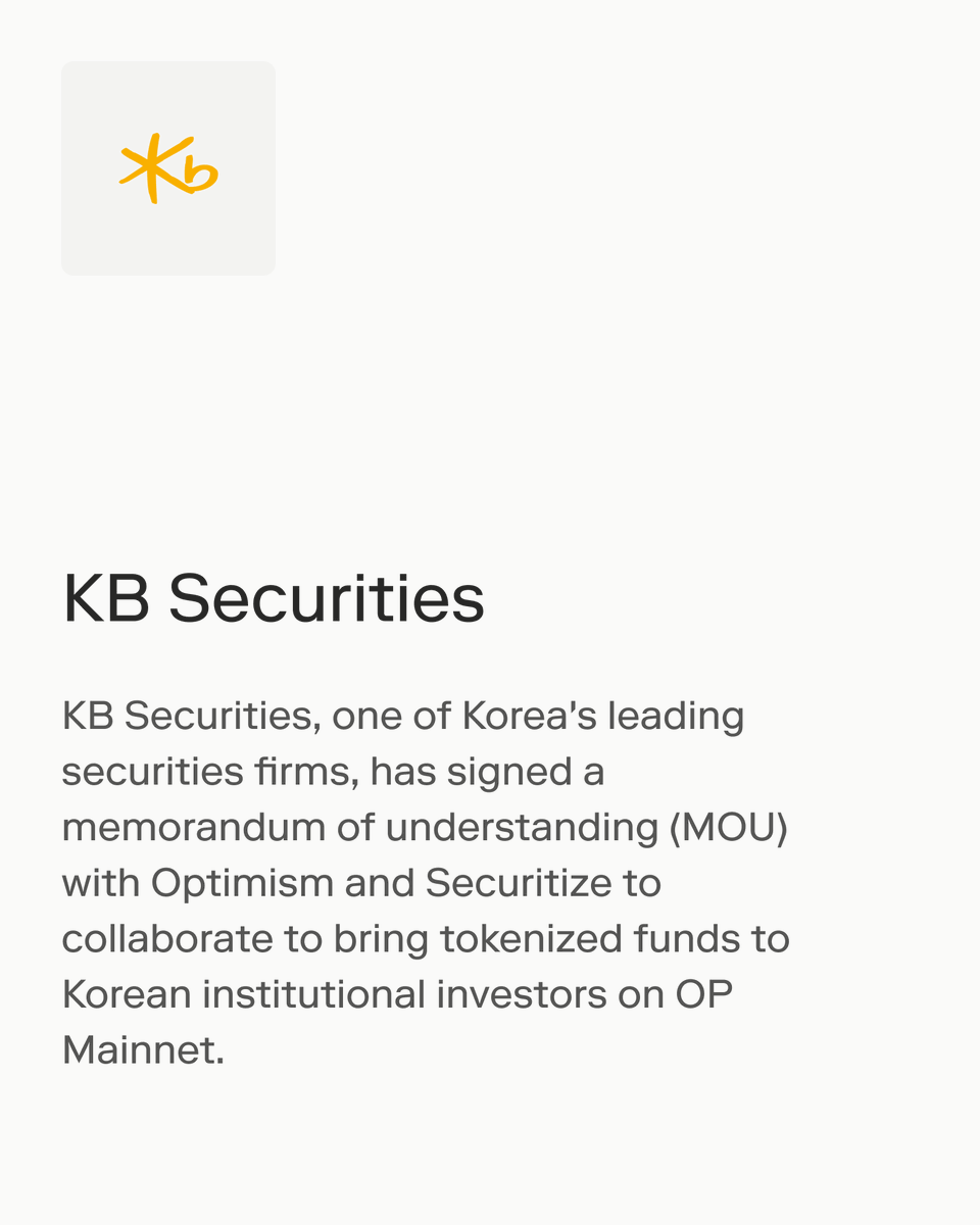 Optimism's tweet photo. Korea is building onchain, and they’re choosing Optimism.

@GIWA_by_Upbit, built by Korea’s largest exchange, has 100M testnet transactions and counting.

@toss__official, Korea’s super app used by 30M+, is exploring a won-backed stablecoin.

DB Securities, a securities and underwriting firm, is tokenizing smart-farming and livestock assets as RWAs.

KB Securities, one of Korea's leading securities firms, signed an MOU to bring tokenized funds to Korean institutional investors.

Exchange. Super app. Securities Firms. All on one stack.