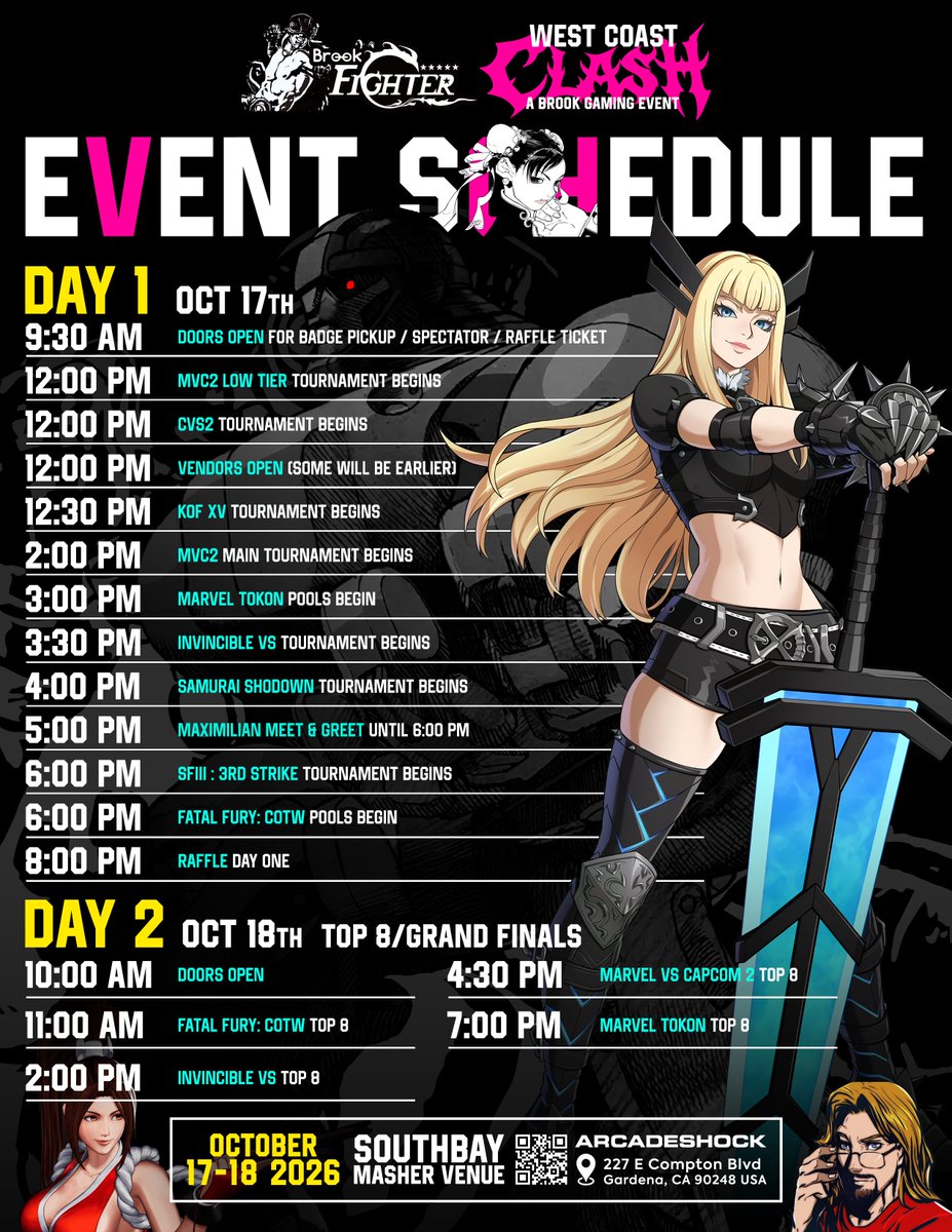 ArcadeShock's tweet photo. Good Morning!!

BROOK FIGHTERS: WEST COAST CLASH

SATURDAY AND SUNDAY, OCTOBER 17TH AND 18TH

DOORS OPEN AT 930AM FOR BADGE PICKUP

STREET PARKING INFORMATION

Please refer to the provided map for available street parking around the event venue. Pay close attention to all posted parking signs and restrictions to avoid citations or towing.

STREET PARKING

The blue dashed lines on the map indicate areas where street parking is available. However, some sections are marked with red curbs and TOW AWAY signs. Please follow all posted signs and City parking regulations when choosing where to park.

ON-SITE PARKING

Per building management regulations, on-site parking is strictly reserved for staff and employees ONLY. Event attendees must use available street parking.

SURROUNDING STREETS

The City has completed a thorough cleanup of the surrounding streets, and the area has remained clean and well-maintained leading up to the event.

VEHICLE SAFETY REMINDER

As with parking anywhere in Los Angeles County, we strongly recommend that you do not leave valuables or personal belongings visible inside your vehicle. Please secure your belongings and take appropriate precautions.

SEE YOU AT WEST COAST CLASH!

We're excited to welcome everyone to Brook Fighters: West Coast Clash! We appreciate your cooperation with the parking guidelines and look forward to an amazing weekend of fighting games, competition, and community.

Thank you for your support, and we'll see you there!