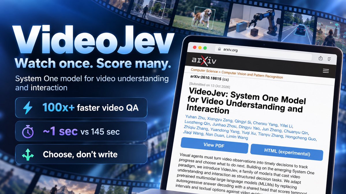 Ldataengineer's tweet photo. Video AI just got 100x faster by not talking

There is a faster way: don't write, just choose. 

Give the model a list of options and let it score each one against the video. 
Highest score wins.

But there is a catch. Agents ask many questions about the same video. 
Normally the model processes the whole video again for every new question. 

That is slow and wasteful.

A new paper from Nanjing University, JD and others solves both problems with VideoJev.

The idea is simple: watch once, score many.

1Process the video once and keep it in memory.
2A question comes in with a list of candidates (time slots or answer options).
3The model scores every candidate against the video.
4Pick the best option, or join the best time slots into one event span.

New questions reuse the same video memory instead of starting again.

How it works:
→ A shared scoring head (a small layer on top of the model) replaces word-by-word answer writing. The same head handles "when did this happen?" and multiple choice. → Cached inference: the video is encoded once, and each new question branches from that saved state. → Joint inference: many questions are answered in one forward pass (one run through the model). It did not hurt scores, and improved them in 13 of 14 tests. → They checked it fairly: a normal model trained on the same data still scored lower.

Results on 3 "find the moment" benchmarks and 4 video QA benchmarks:
• +6.7 to +10.8 points better at finding when events happen • 2.8–3.1x faster on that task • About the same accuracy as Thinking mode on video QA • 100x+ faster on video QA (about 1 second vs 145 seconds per question)

One honest note: 
the model tends to be overconfident in its scores, and full agent workflows are proposed, not tested yet.

What I find interesting as someone building agents: 
most agent steps are small decisions, not essays. If the model only needs to pick, let it pick.

Links in the reply 👇