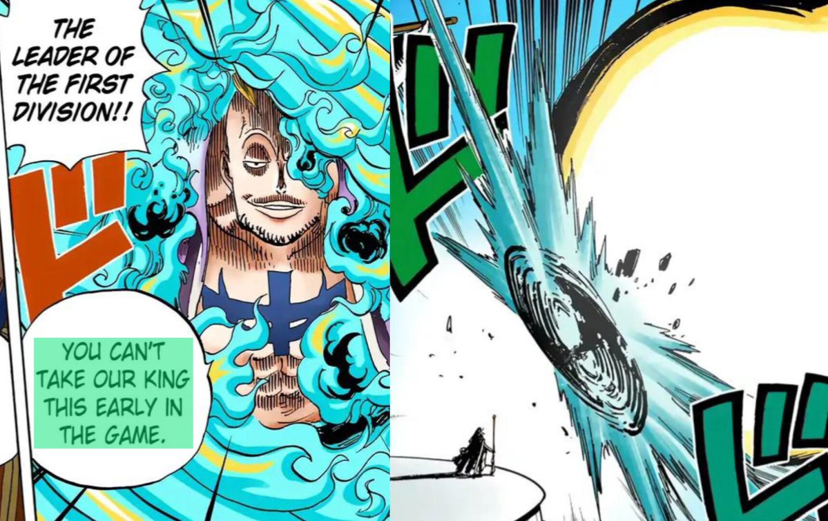 Laughtale7x's tweet photo. Comme Marco la dit après avoir stopper l'attaque de Kizaru :

"Tu ne peux pas prendre notre Roi des le début du jeux"

Une situation similaire à Mihawk/Jozu qui démontre que les hommes de Barbe blanche sont prêts à tout pour lui. https://t.co/Rc6bFtoYr5