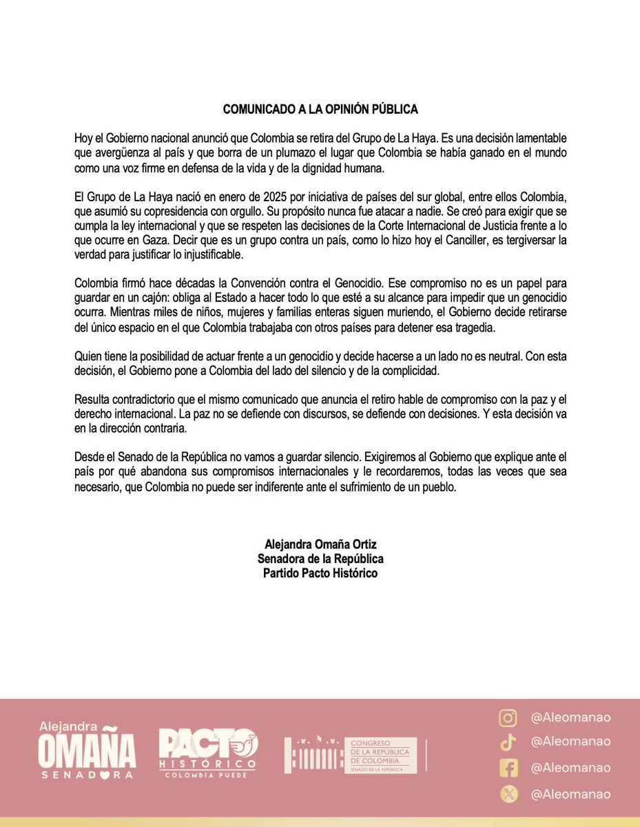 aleomanao's tweet photo. Lamentable el retiro de Colombia del Grupo de La Haya. Este Grupo no se creó para atacar a ningún país, sino para defender el derecho internacional. Darle la espalda a Gaza es ponerse del lado del silencio y la complicidad. Colombia no puede ser indiferente. https://t.co/vD2MVhlTvv