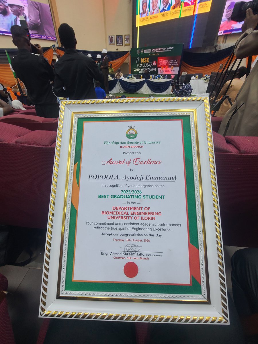 _AyodejiPopoola's tweet photo. Today, I officially got inducted into the Nigerian Society of Engineers.

It's been a very long time coming.

Reintroducing, Engr. A.E Popoola (GMNSE, P.Engr.)

Best Graduating Student, Department of Biomedical Engineering, University of Ilorin (4.83/5.0)

President, NABMES https://t.co/5EMwwkdoyc