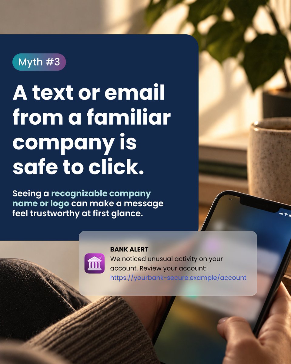 BreadFinancial's tweet photo. A message from a company you know can still be worth a second look.

Phishing emails and smishing texts can impersonate well-known businesses and ask you to click a link or provide personal information. https://t.co/ArmO88SWOw