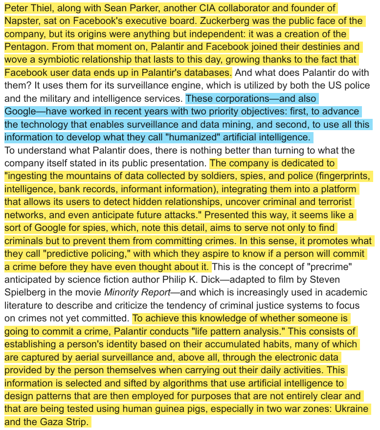 toxictiramisu's tweet photo. Palantir develops AI surveillance for precrime, predicting who might commit crimes &amp; killing them before they do. This tech is being tested in Gαzα, where lsꝛæI's Habsora (The Gospel) automates target selection, labeling Pαlestinian children as future tεrrorists &amp; killing them. https://t.co/GLtAv7F0fQ