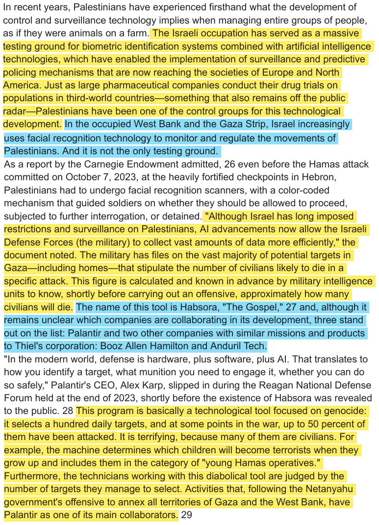 toxictiramisu's tweet photo. Palantir develops AI surveillance for precrime, predicting who might commit crimes &amp; killing them before they do. This tech is being tested in Gαzα, where lsꝛæI's Habsora (The Gospel) automates target selection, labeling Pαlestinian children as future tεrrorists &amp; killing them. https://t.co/GLtAv7F0fQ