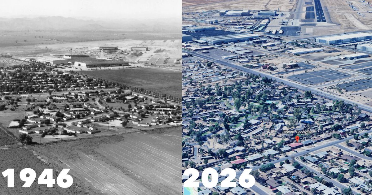 GoodyearAZGov's tweet photo. #TBT to 1946, when Goodyear had just 151 homes, 250 apartments, one grocery store, one drug store, one barber shop, one beauty shop and one service station. 
 
80 years later, we’ve come a long way! 👀 
 
#GoodyearAZ https://t.co/CEpYuJqbUW