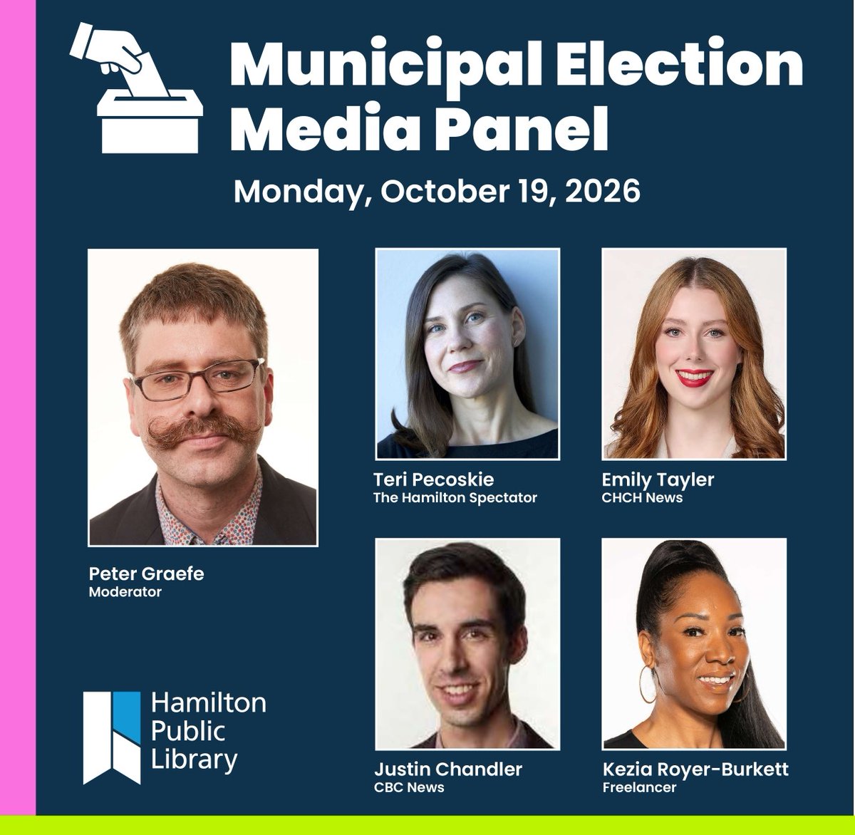 HamiltonLibrary's tweet photo. Have you voted yet?
Media experts from @CBCHamilton @CHCHNews @TheSpec will discuss local #HamOnt issues to help you make an informed decision on Election Day.
Drop in and listen to a #MunicipalElection Media Panel on Monday October 19, 6:30pm at Central. https://t.co/RFdvSTm5OW https://t.co/WtWVd2Ydht