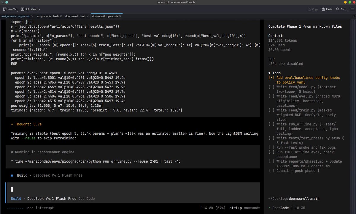1ens0r's tweet photo. some thoughts on deepseek v4.1 flash free on opencode :- 

the model is actually nerfed in terms of context window offering only 200k tokens. will not be using this for the entire project as my codebase is pretty huge obv

will cook a writeup once the model's all warm and ready:) https://t.co/k2Ox5a7tbV