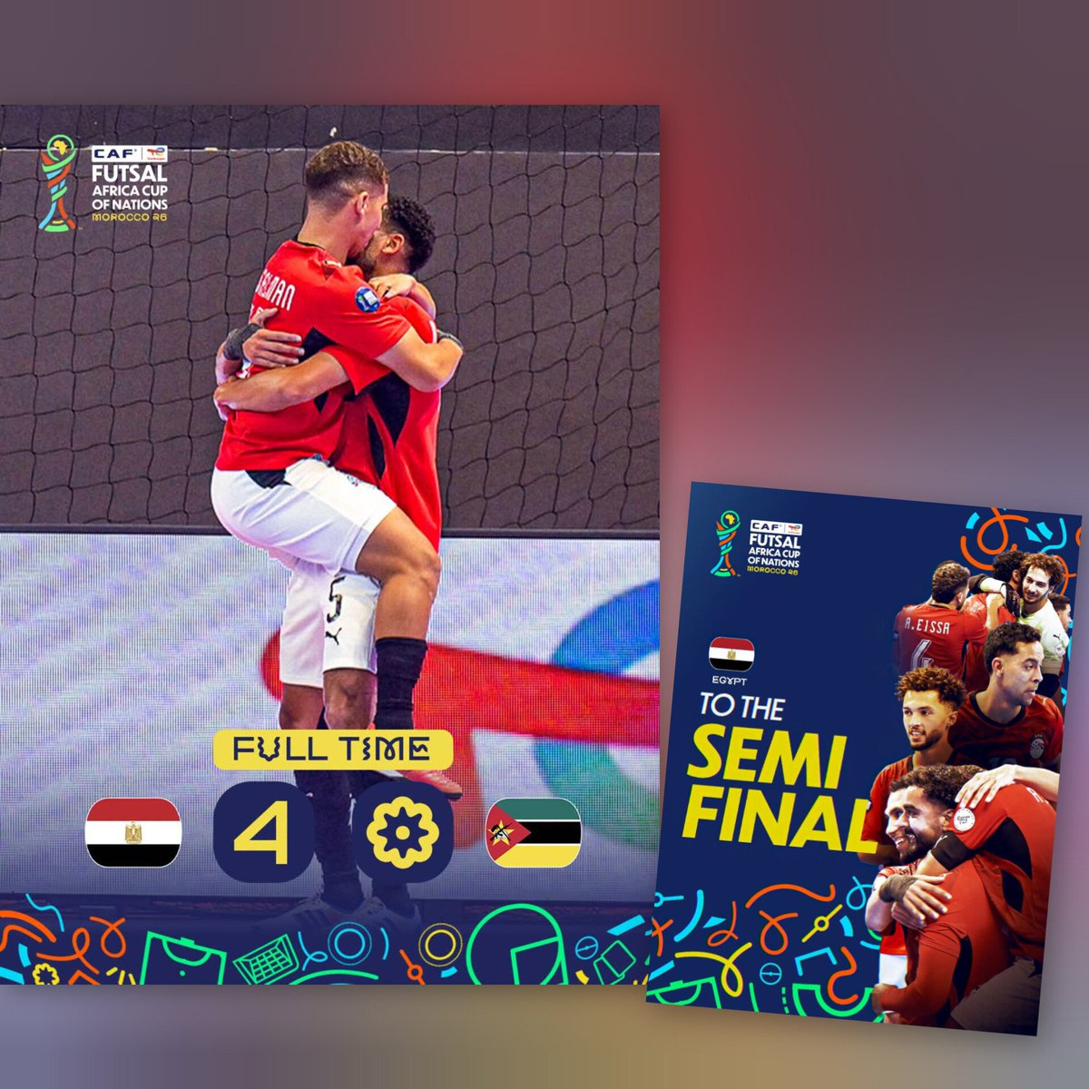 PassionfootAF's tweet photo. CAN FUTSAL - Maroc 2026 : L’Égypte🇪🇬 retrouve les demi-finales après avoir battu le Mozambique🇲🇿 sur le score de 4 buts à 0. Une deuxième victoire en deux matchs.
#Egypt 🇪🇬 4-0 🇲🇿 #Mozambique
#AFCONFutsal #CANFutsal #AFCONFutsal2026 #CANFutsal2026
#TotalEnergiesAFCONFUTSAL https://t.co/t1l415qL8I