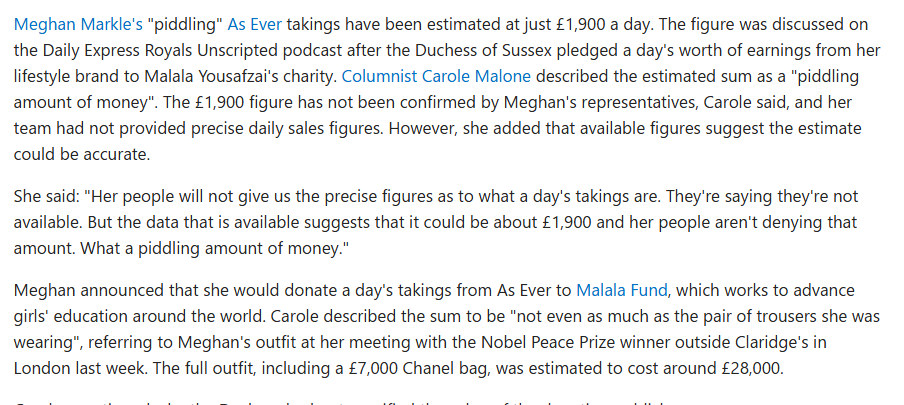 MDymore's tweet photo. 'Piddling earnings' - don't you just love the English language π€£ππ€£ππ€£ππ€£π
#MeghanIsAFraud
"Meghan Markle's As Ever finances exposed as she accidentally reveals 'piddling' earnings." https://t.co/3APvd8RxGL
