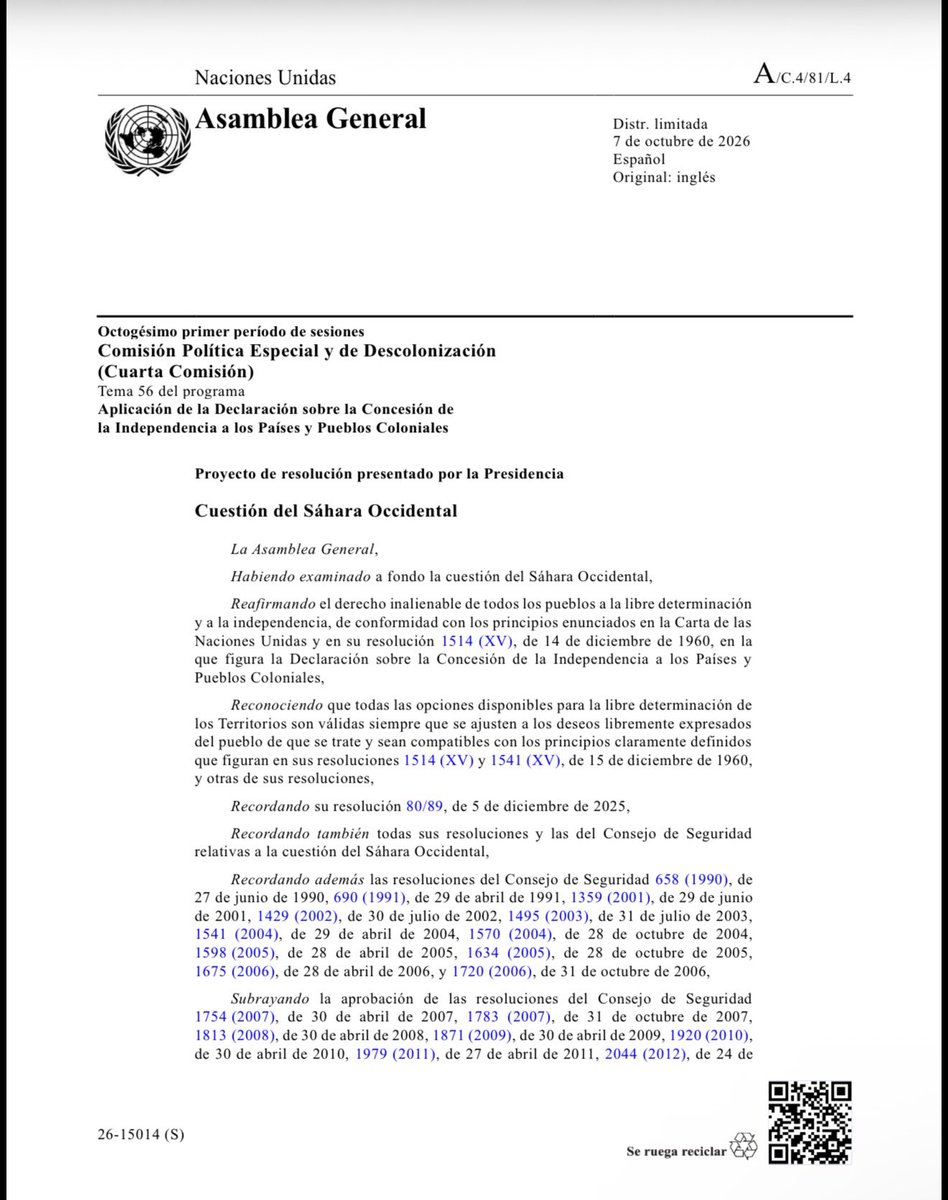 TalebSahara's tweet photo. FRACASAN LOS ESFUERZOS DE MARRUECOS POR IMPONER Y LEGITIMAR SU OCUPACIÓN EN EL SÁHARA OCCIDENTAL.

La Comisión de Descolonización de la ONU aprueba, con una aplastante mayoría de 137 países a favor, una resolución que:

- Reafirma el derecho inalienable del pueblo saharaui a la autodeterminación y la independencia.
- Mantiene el Sáhara Occidental como una cuestión de descolonización pendiente.
- Establece que cualquier solución debe respetar la voluntad libremente expresada del pueblo saharaui.
- Reafirma la responsabilidad de Naciones Unidas hacia el pueblo saharaui.

El texto no reconoce la soberanía marroquí ni establece la autonomía marroquí, apoyada por Sánchez, Trump y Netanyahu, como solución.