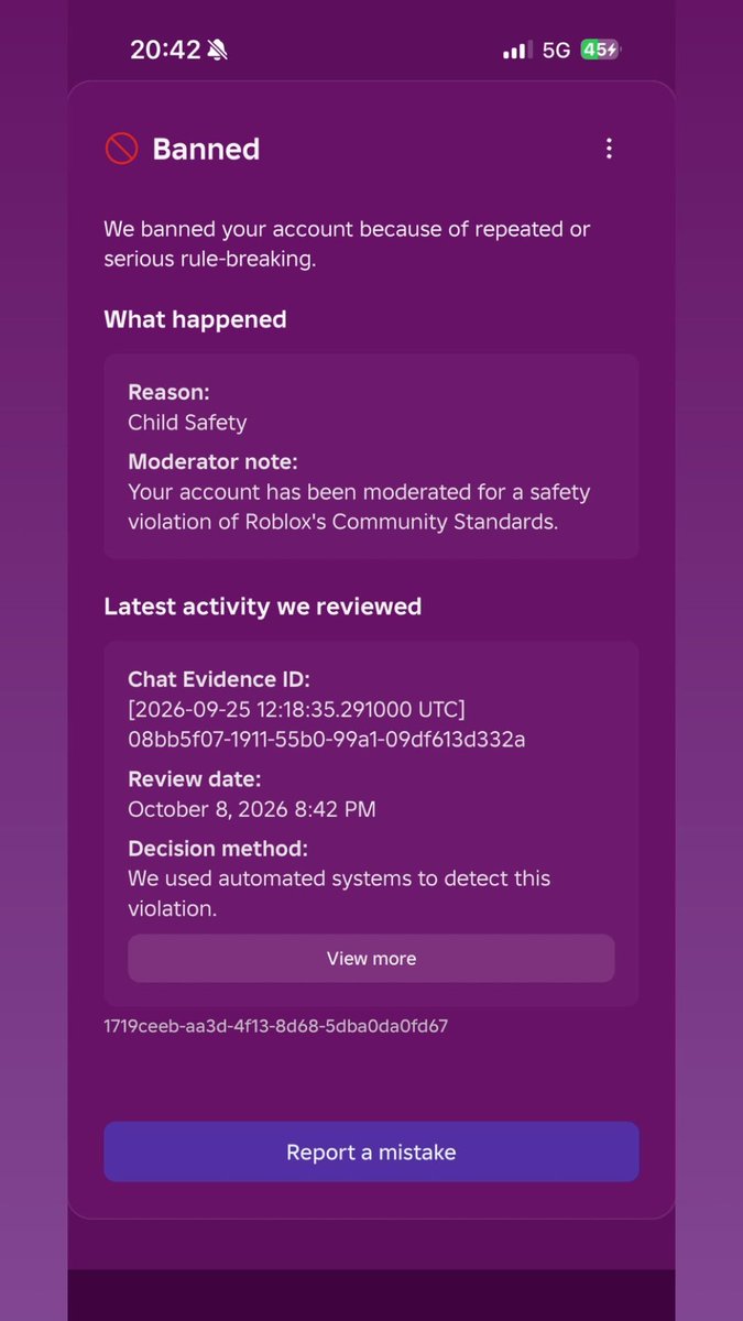 willforvermissu's tweet photo. its been over A WEEK since i got 2 accounts banned for absolute no reason. It says I have been banned for “Child Safety” when I have done nothing wrong and got my main account banned aswell.

There goes 2 accounts worth 300€+ each.
@nicktornow @Roblox @Roblox_RTC https://t.co/ArV7oJol8G