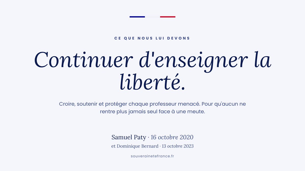SouveraineteFra's tweet photo. 7/7
Honorer Samuel Paty, c’est continuer d’enseigner la liberté, et exiger que plus aucun professeur menacé ne soit laissé seul.
Notre article hommage 👇
https://t.co/yha1RwdCDr
#SamuelPaty #JeSuisProf https://t.co/U6wQcBEwS8