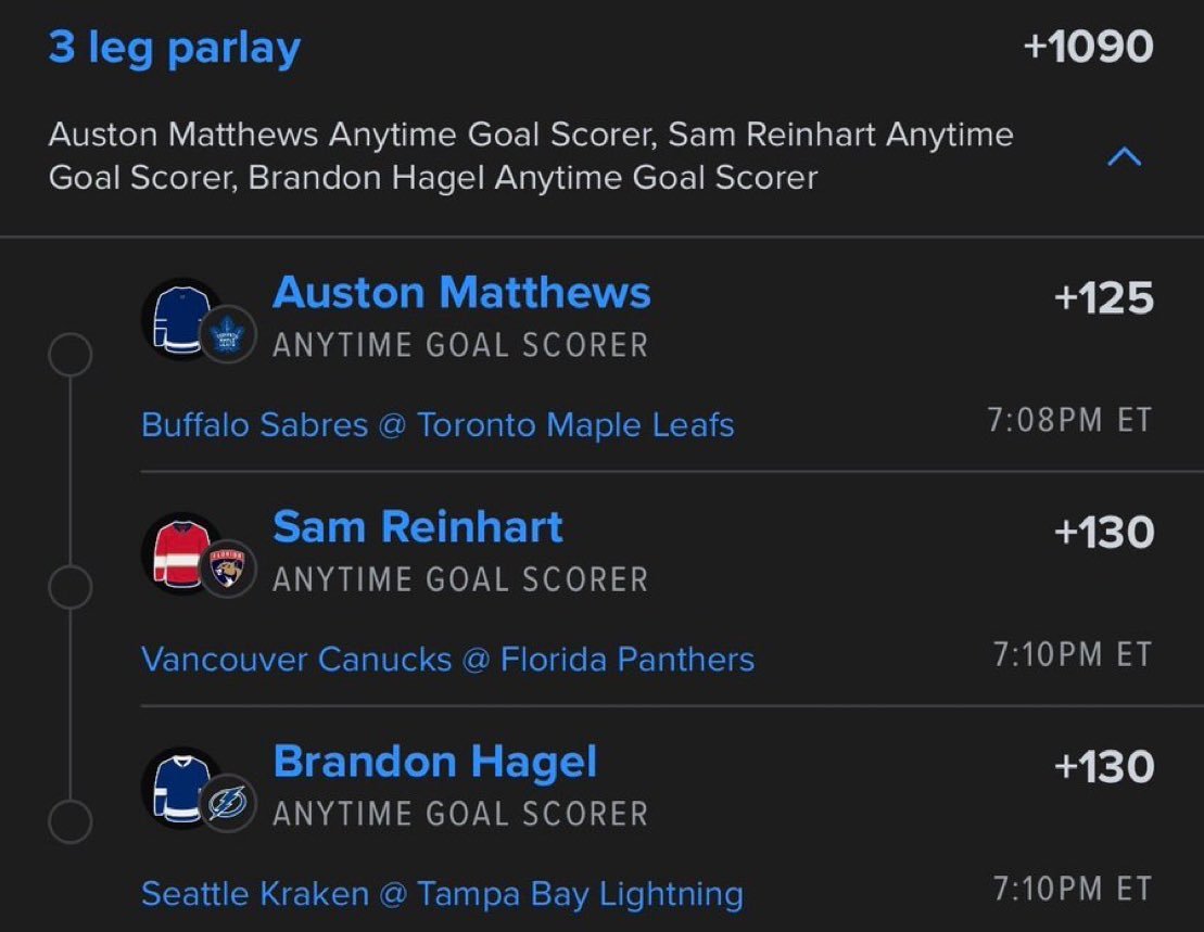 WILSONTIPS7's tweet photo. 🔥 3-LEG NHL ANYTIME GOAL SCORER PARLAY 🏒💰
💥 Auston Matthews — ANYTIME GOAL SCORER
💥 Sam Reinhart — ANYTIME GOAL SCORER
💥 Brandon Hagel — ANYTIME GOAL SCORER
🎯 ODDS: +1090
🚨 3 GOAL SCORERS • ONE TICKET • LET’S CASH! 🔥💵 https://t.co/PiUTf9XLj8