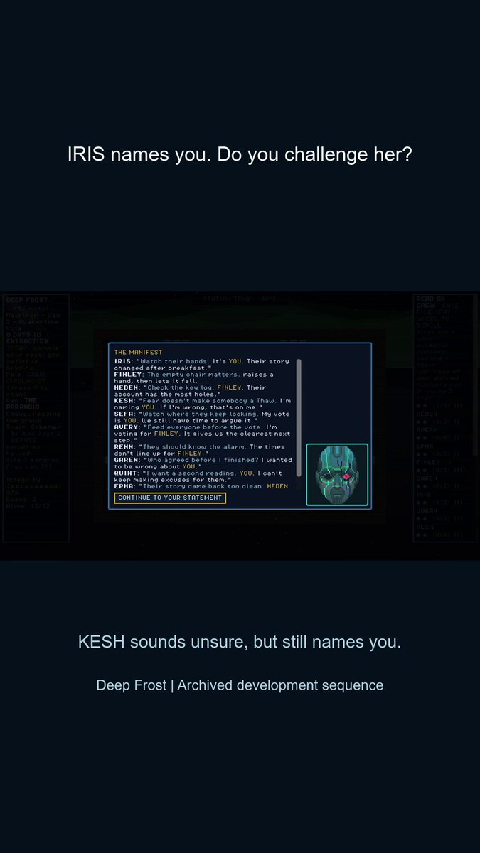 AeongamesCA's tweet photo. IRISもKESHもあなたを指名。でもKESHは確信がない様子。2人の理由を同じ重さで受け止めますか？『Deep Frost』は1人用の推理ホラー。英語の開発中映像。Steamで無料体験版。
https://t.co/7kaw6Kta7x https://t.co/llptfCkUKE