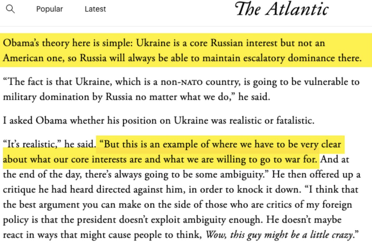 ggreenwald's tweet photo. It's worth remembering that Obama, in 2016, was asked by The Atlantic's neocon editor, @JeffreyGoldberg, why he didn't do more to protect Crimea and E. Ukraine.

Obama said Ukraine is a vital interest to Russia, but not the US, and it'd be insane to risk war with Russia over it. https://t.co/KGJWIdmBJa