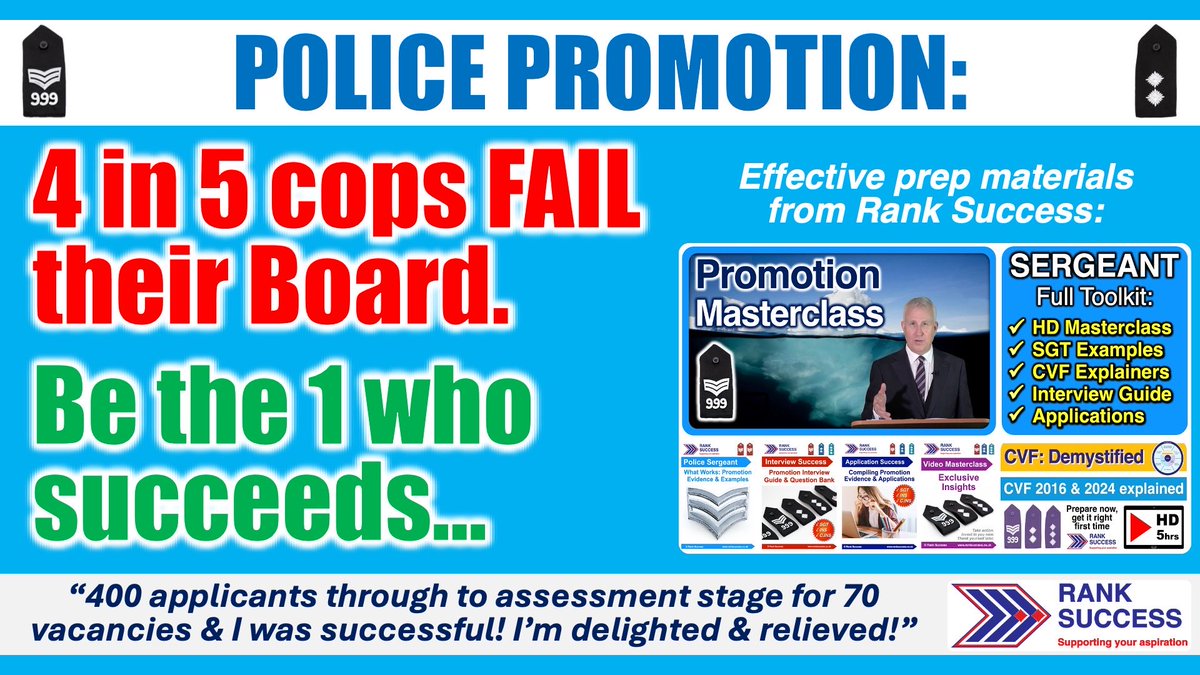 Rank_Success's tweet photo. 👮🚨🕵🏻‍♀️ £50 saver code - OCTOBER50

💥 Expires 17th October💥

🎉 "I passed my SGT board! Thank you for creating great content, which helped me prepare & feel really confident on the day. I used your podcasts whilst walking & driving for about 6 months before, I found them really motivating & inspiring, the ideas & perspectives e.g. of the different chief officers you have interviewed, really helped me to think differently about leadership & what it means. Thanks"- Rachel 🎯

🎉 "Hi Steve, Wanted to reach out & thank you for the excellent support & strategies for promotion in your videos & resources. I bought your bundle in the run up to my first Sergeant promotion board, listened to the 6hr promotion masterclass video several times (even whilst out for runs!) & your content really stuck. In the board, I felt calm & structured - scoring 28/30 marks & a message from the DCI on the panel congratulating me for an excellent interview. Thank you"- Will 🎯

"Hi Steve, We haven't spoken before but I downloaded your toolkit & listened to your podcast on my 2 hour round trip commute. I had my SGT promotion board a few weeks ago..,just heard back from my Ch/Supt I passed. I really feel you were a very large part of it. Thank you" - Cal” 🎯