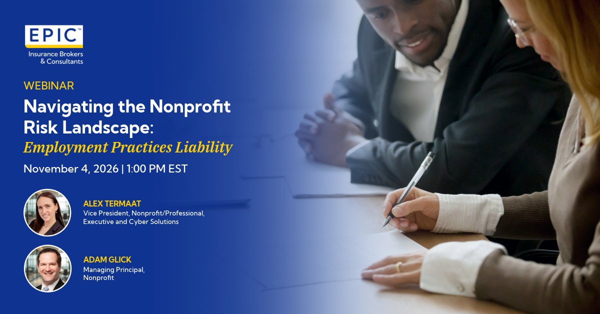 EPIC_Insurance's tweet photo. Join EPIC's Alexandra Termaat and Adam Glick, together with @goodwinlaw Timothy Holahan, as they unpack the rapidly changing risk landscape nonprofit organizations are navigating today. Register here: https://t.co/kczV8JPC4R #NonprofitLeadership #RiskManagement https://t.co/tHdcC9zZ6E