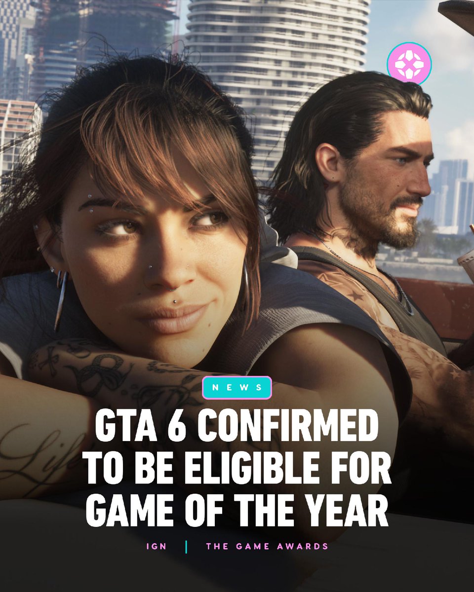 IGN's tweet photo. GTA 6 is officially eligible for the 2026 Game of the Year award at this year’s The Game Awards, after the show confirmed the cutoff date is November 20.

For more info: https://t.co/TmagrKmLzJ https://t.co/HiDvt5rlLA