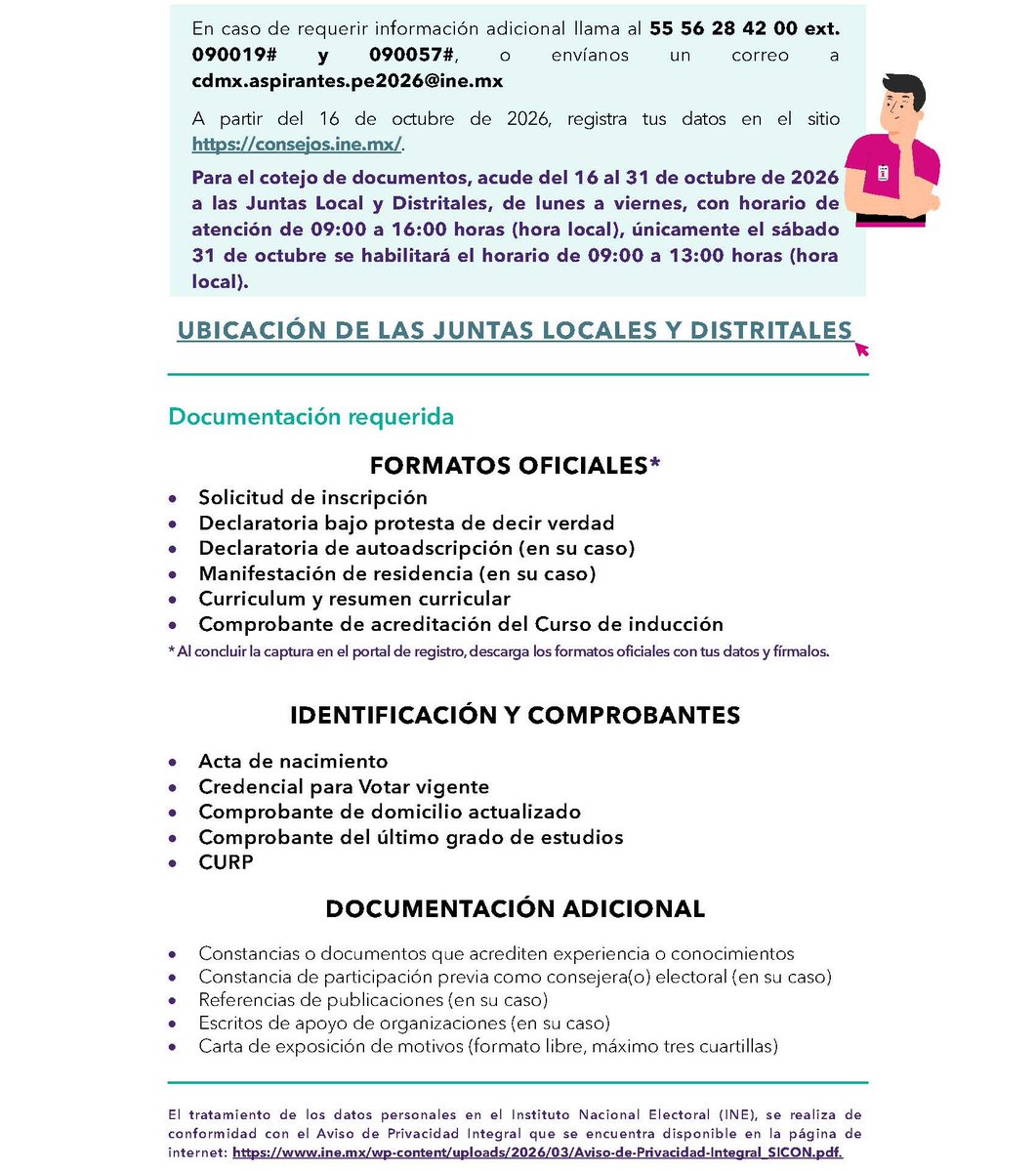 Distrito11IECM's tweet photo. 🗳️ Convocatoria INE 2026 🗳️

El Instituto Nacional Electoral te invita a participar para ocupar el cargo de Consejeras y Consejeros Electorales en los Consejos Distritales de la CDMX.

📅 Registro: Del 16 al 31 de octubre de 2026.
🌐 Inscríbete en: https://t.co/y9OWzwll2H https://t.co/gNmFkNHLMq