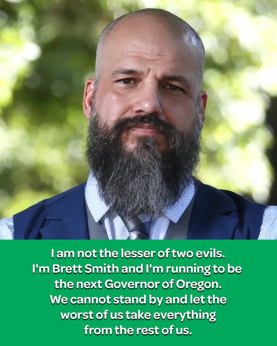 GreenPartyUS's tweet photo. Third-party candidate Brett Smith wants to 'spoil it for both of them' in Oregon governor's race. Smith, 44, is a tradesman who has not held elected office. He invented a medical device and has multiple patents. https://t.co/x0f0dBE8wp https://t.co/XSEsDWQoyq