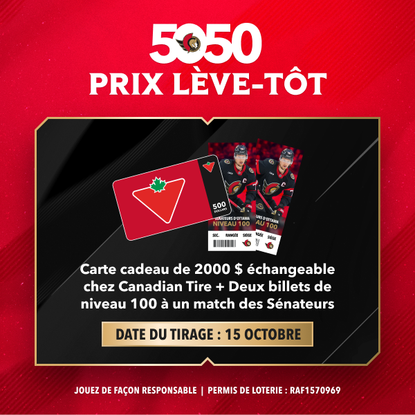 SenatorsFndn's tweet photo. 🚨 ALERTE AU PRIX LÈVE-TÔT! 🚨

Courez la chance de gagner 500 $ en cartes-cadeaux Canadian Tire ET deux billets dans les 100 premières sections pour assister à un match des @SenateursLNH d’Ottawa!

🔗 https://t.co/Zb42DfeKba https://t.co/gnC8TzfeCh
