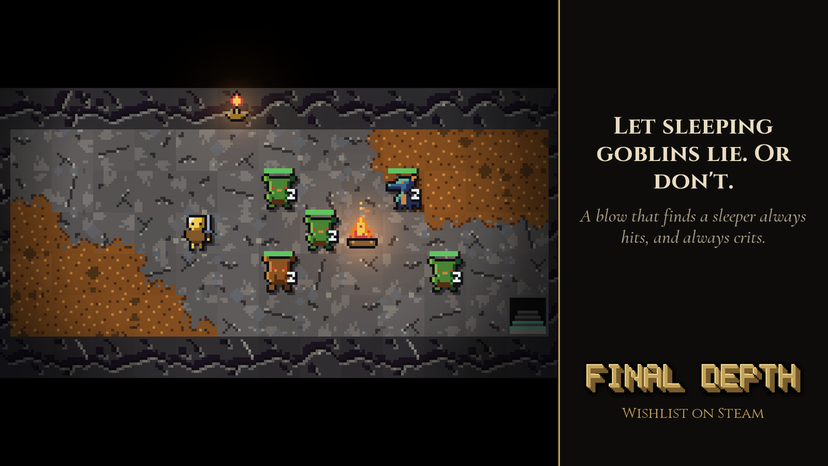 quickbigly's tweet photo. Let sleeping goblins lie. Or don't.

A sleeping goblin camp; a blow on a sleeper always hits and always crits

#gamedev #indiegame https://t.co/ywrCcb9uDx