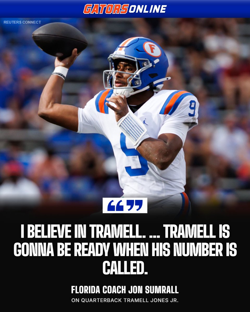 ZachAbolverdi's tweet photo. UF coaches and players are confident in QB Tramell Jones Jr. as he prepares for first career start. 

“I like the way he carries himself,” OC Buster Fualkner said of Jones. “He’s a very confident kid.”

STORY: https://t.co/KtJh90L9qJ https://t.co/JpT8yn5jPO