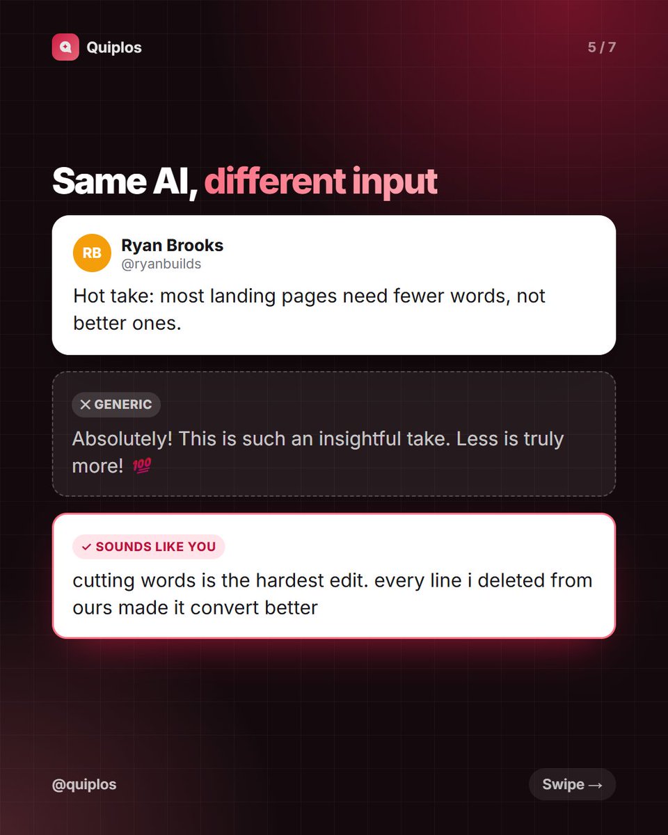 quiplos's tweet photo. AI replies sound like AI because the AI has never seen how you write.

3 fixes:
1. give it 5-10 replies you actually wrote
2. add one real detail
3. edit before posting

the giveaways people spot instantly 👇 https://t.co/x50jj1WfdT