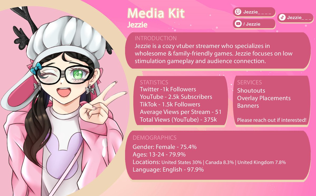 jezzie_dev's tweet photo. I am a very small streamer at the moment but someone reached out and asked about a media kit... so I made one! 

In my livestreams, you could have a banner/overlays and shoutouts for your game, brand, or other online content. Please reach out if interested.

#vtuber #mediakit https://t.co/Pw7CyrvVxa