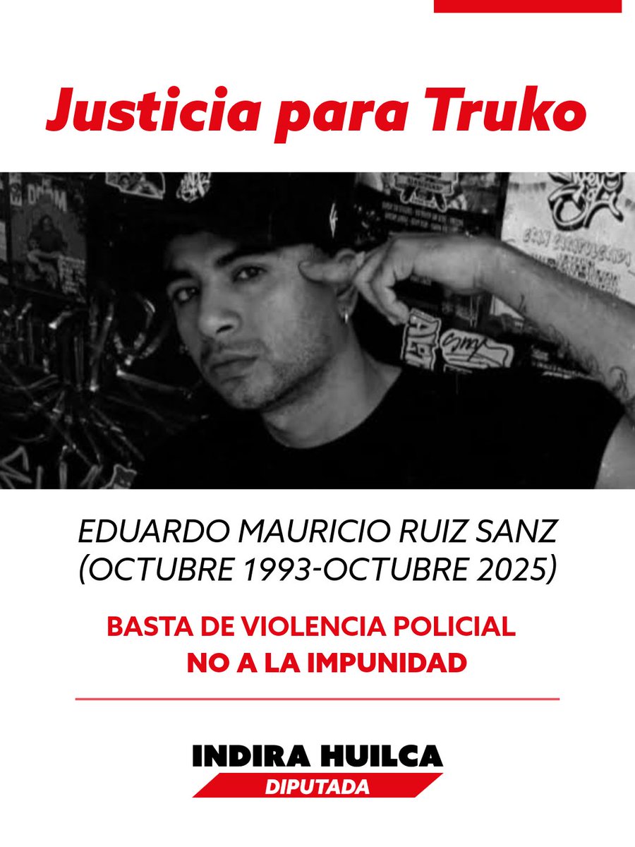 IndiraHuilca's tweet photo. La Fiscalía solicita 10 años y 8 meses de prisión efectiva contra el suboficial PNP sindicado como responsable de la muerte de Truko. 
A inicios de este año el caso pasó a una Fiscalía Penal Común, cuando debería verse en una Fiscalía Especializada en Derechos Humanos. Y aunque es un argumento que no sostiene en la revisión de pruebas, el acusado alega ‘legítima defensa’. No olvidemos que el general Arriola, entonces jefe de la policía, llamó al suboficial Magallanes ‘héroe viviente’. Debemos mantenernos alertas para impedir la impunidad. 

Acompañemos a la familia y amigos de Truko, para honrar su memoria y exigir justicia desde el luto, el arte y la movilización.

PROGRAMA:
JUE 15 OCT. 
San Martín de Porres. 
Jornada conmemorativa cultural.  

VIE 16 OCT. Cercado de Lima.
Micro libre.   

SÁB 17. La Victoria
Festival de Hip Hop Indígena
DOM 18. Lima Norte
Muralización