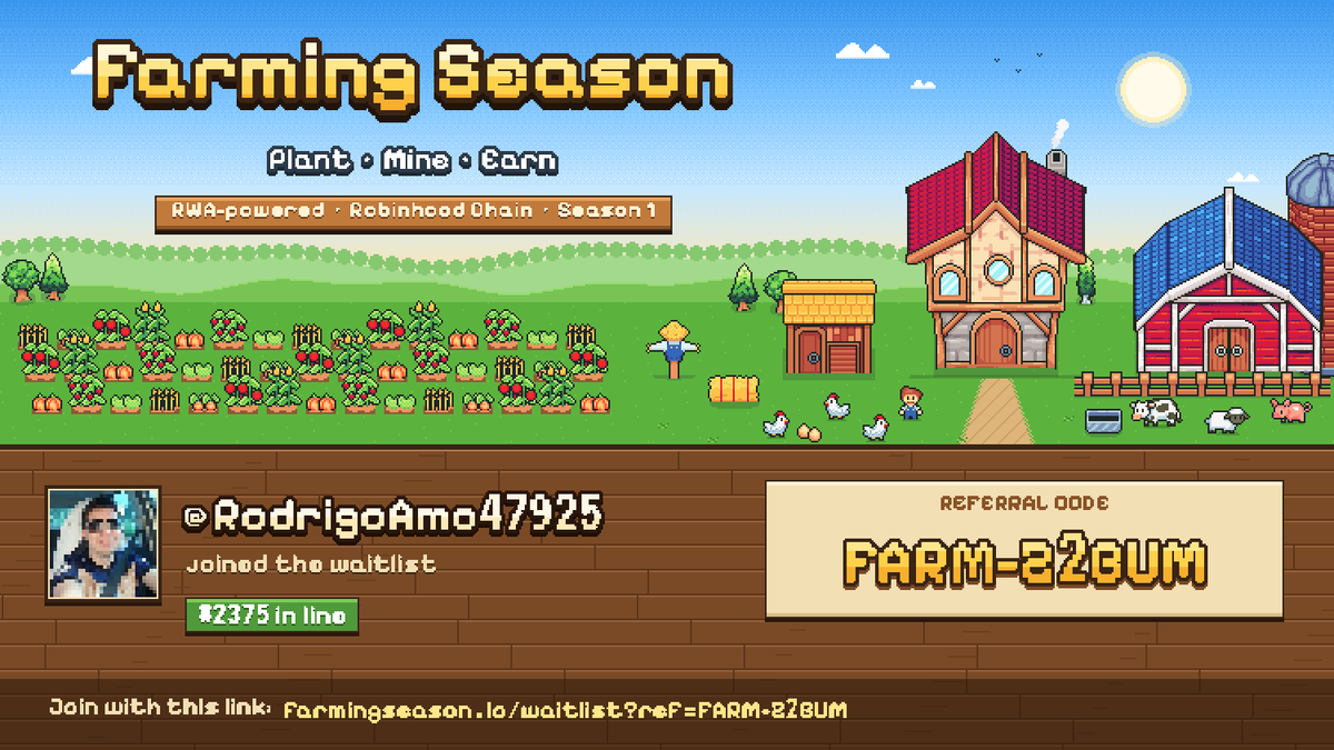 RodrigoAmo47925's tweet photo. I just joined the @farmingseasonio waitlist 🌾 I'm #2375 in line.

The first RWA-powered farming game on Robinhood Chain. Join with my link and help me move up 👇
https://t.co/MDw6pmamtc https://t.co/TTar86Mq72