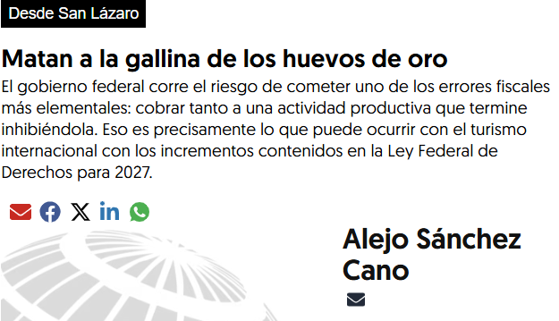 Viri_Rios's tweet photo. Esta columna no solo está escrita mayormente por un bot, sino que se equivoca al decir que los impuestos al turismo bajan el turismo. 

Una y otra vez la literatura especializada ha encontrado que no lo afectan -- sobre todo para un lugar como México con atractivos únicos. https://t.co/QrsgdCMLFb