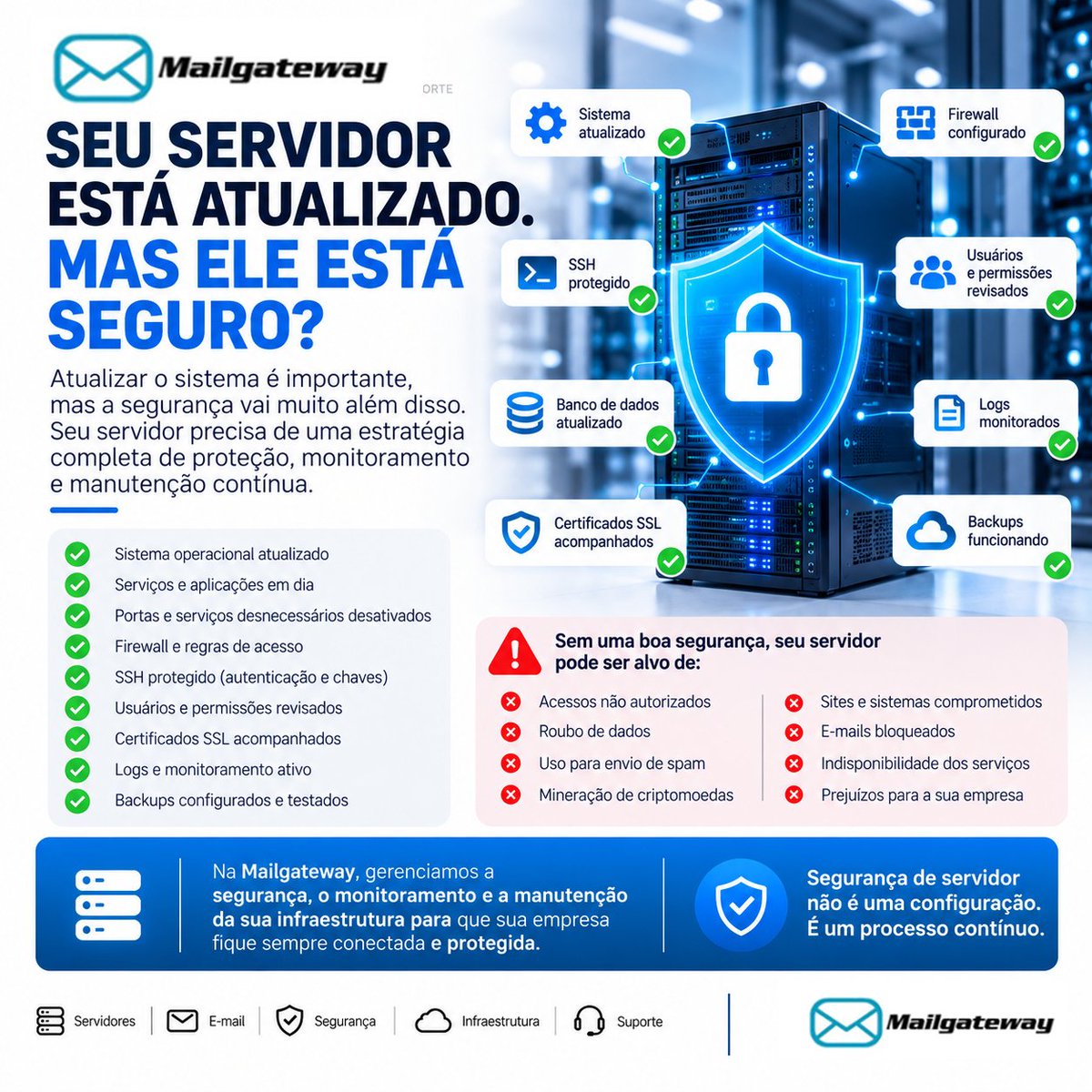 MailgatewayIT's tweet photo. Seu servidor está atualizado. Mas ele está seguro?

#SegurancaDeServidores #Hardening #Linux #Servidores #InfraestruturaTI #CyberSecurity #SegurancaDigital #Firewall #SSH #Monitoramento #Backup #VPS #Cloud #TIParaEmpresas #Mailgateway https://t.co/2KX5wemepc