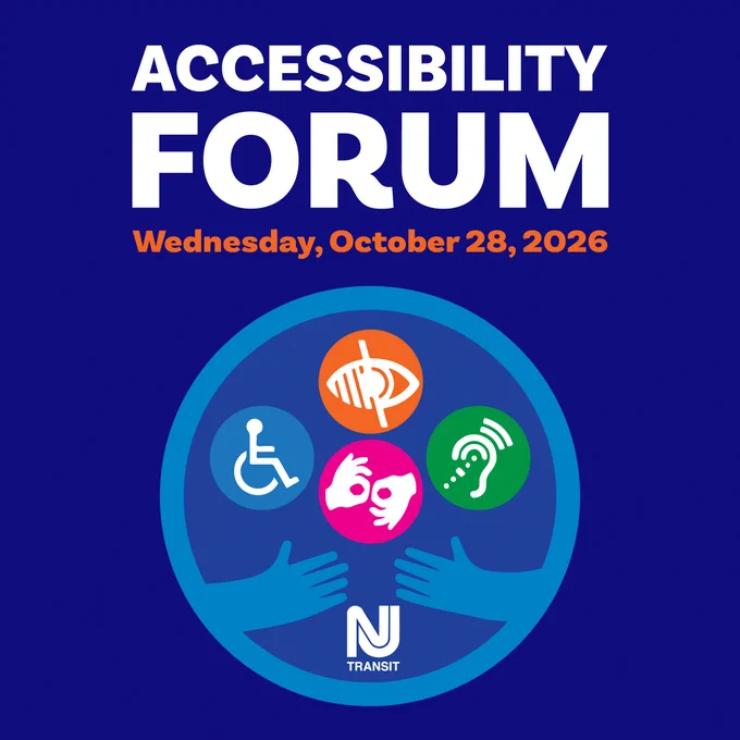 Flyer for NJ TRANSIT Accessibility Forum on Wednesday, October 28, 2026, featuring accessibility icons for mobility, visual, cognitive, and hearing disabilities.