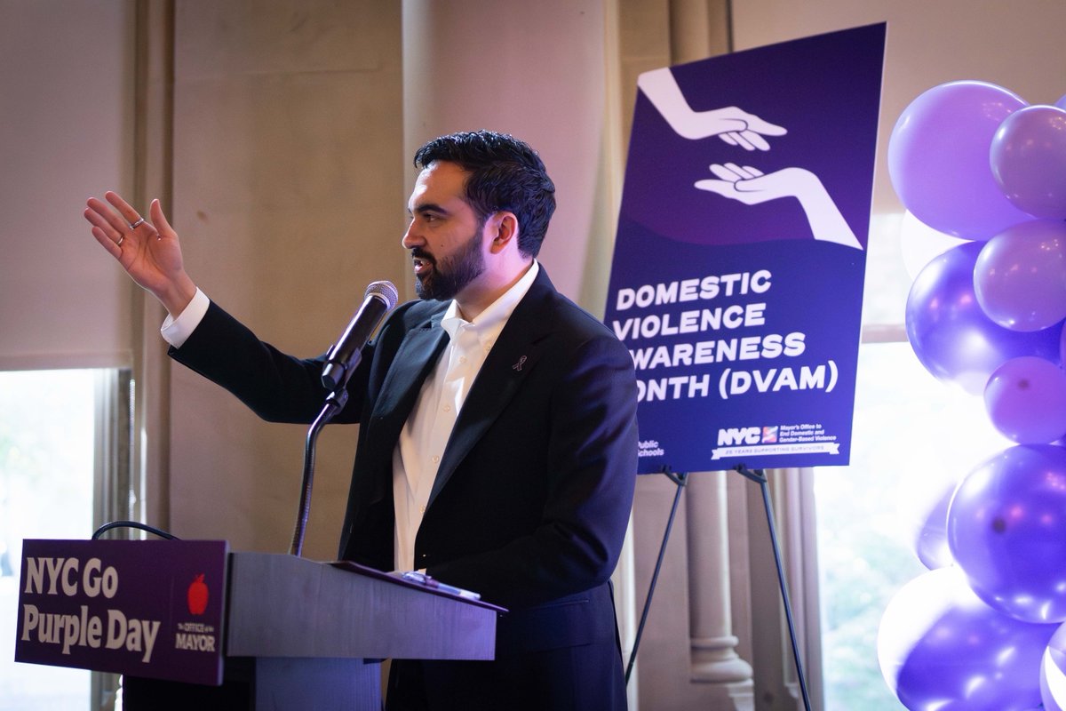 NYCMayor's tweet photo. This year alone, New Yorkers have reported more than 188,000 incidents of domestic violence. That's 780 incidents every day. Countless others go unreported.

Today, we wear purple to honor the lives stolen by domestic violence, stand with survivors and reaffirm a simple promise to every New Yorker: You deserve to feel safe in your home and in your relationship.

To anyone experiencing domestic violence: You do not have to face this alone.

If you or someone you love needs help, call 1-800-621-HOPE or visit https://t.co/7lT3xVGpAp.