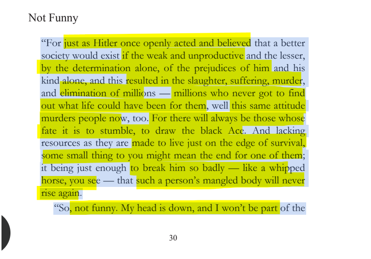 sillymickel's tweet photo. *PLANETMATES: The Great Reveal* (2014) by Michael Adzema.
KEYNOTE 3, p. 30
🧵Click this panel for Thread, complete book
or, for paperback: https://t.co/9lXeEv5nU4
8/ 🧵👇 💡📚💙 #PL🐒 #Planetmates 🐒 #PLKeynote3 📖 #TruthWarriors ❕ #psychology ☮️#anthropology🐵 #devolution🐵 #evolution #revelation #apocalypse #Patriarchy 🧟♂️ #Civilization 🧟♂️ #birth 🐉 #Consciousness 💡 #Culture 🧟♂️ #perinatal 🐉 #RainbowWarriors 🦋
“For just as Hitler once openly acted and believed that a better society would exist if the weak and unproductive and the lesser, by the determination alone, of the prejudices of him and his kind alone, and this resulted in the slaughter, suffering, murder, and elimination of millions — millions who never got to find out what life could have been for them, well this same attitude murders people now, too. For there will always be those whose fate it is to stumble, to draw the black Ace. And lacking resources as they are made to live just on the edge of survival, some small thing to you might mean the end for one of them; it being just enough to break him so badly — like a whipped horse, you see — that such a person’s mangled body will never rise again.
“So, not funny. My head is down, and I won’t be part of the…
PLANETMATES: THE GREAT REVEAL
Page 30